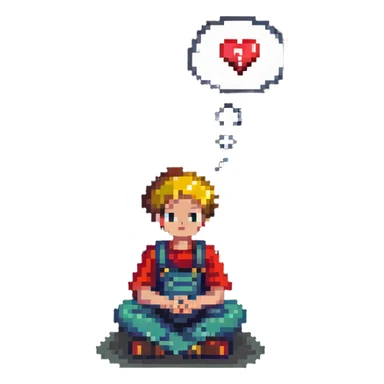 boy sitting, looking thoughtful, with a thought bubble containing a heart and question mark sticker