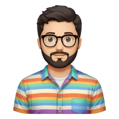 a 30-year-old man with light skin, medium solid build, wide face, soft cheeks, rounded jawline, neutral relaxed expression, short dense full beard, wavy voluminous brown-black hair at the front, large rectangular black thick frame glasses, colorful button-up shirt open showing white t-shirt sticker