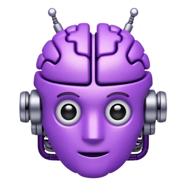 3D emoji icon of a purple circuit-patterned brain, small robot head with antennas on top, glowing binary ring, clean white background, minimalist tech style." sticker
