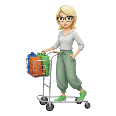 Fille blonde, pantalon d’Aladin vert. Lunettes ronde fine. Elle pousse un bac à roulette remplie de chaussettes  sticker