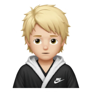 Create a blond boy with long, messy hair, light eyes, a white t-shirt, rich, with long hair, blue eyes, medium-length, voluminous hair, wearing a black Nike bathrobe and a little blush near his nose. and with a balaclava like a ninja and with freckles sticker