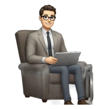 Pale skinned Fit Man With dark brown hair in gray jacket, beige office shirt and vintage glasses sitting In a soft chair with a notebook with emblem Ψ and a pen in his hands sticker