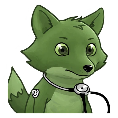Add a stethoscope or pill bottle to the baby fox, referencing pharmacology, in the bufo frog meme style, with no background. sticker