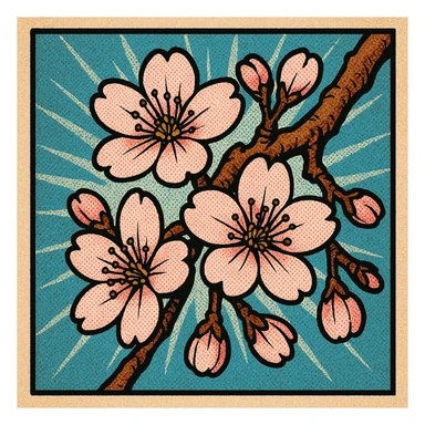 sakura cherry blossom, old school comic book style sticker