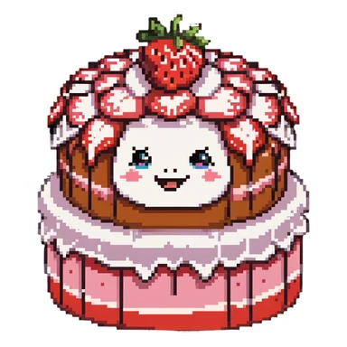 cute strawberry cake with whipped cream, smiling face, kawaii, soft light, hand-drawn look sticker