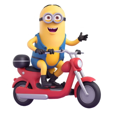 a single minion riding a small motorcycle, looking excited sticker