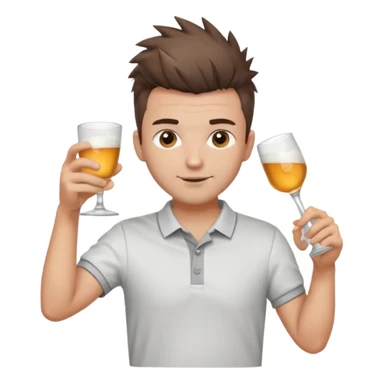 Handsome male.short messy brown hair.mowhawk hairstyle. wearing white golf shirt.grey shorts. Cheersing with a shot sticker