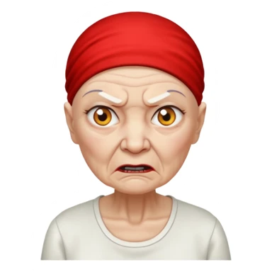 a portrait of angry elderly woman, bald head, wearing shirt sticker