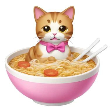 cat eating ramen with a pink bow sticker