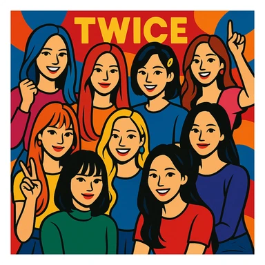 Twice K-pop group, stylized group portrait, vibrant, energetic, modern pop art style sticker