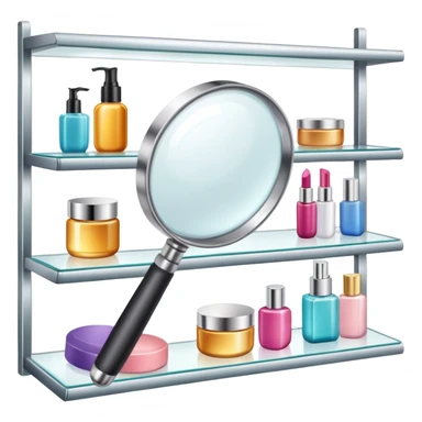 front view magnifying glass over beauty product shelf searching for last item sticker