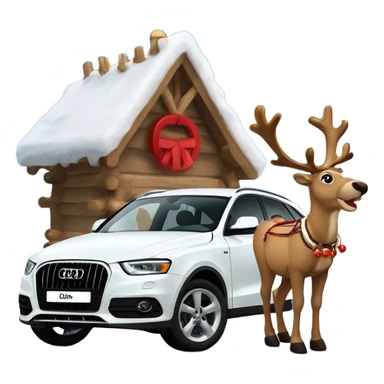 A reindeer harnessed to A white Audi Q3 with a red bridle and golden bells, set in a snowy winter scene. sticker