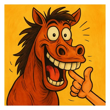 Make the finger bent inside the mouth of the horse, keeping the fun and expressive style, same background. sticker