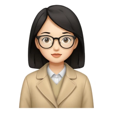 asian young woman black-haired in beige coat with glasses sticker