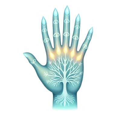 ethereal glowing hand with intricate symbolic palm lines, radiating mystical energy sticker