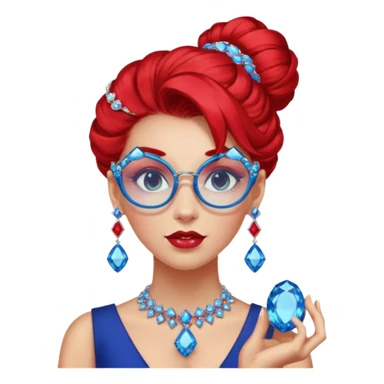 gem lover woman with gem accessories excessive amount gem glassess very big gem earrings red bun hair and redbluediamonds sticker