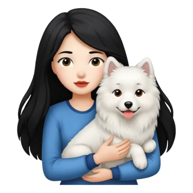 A girl with black long hair holding a Samoyed sticker