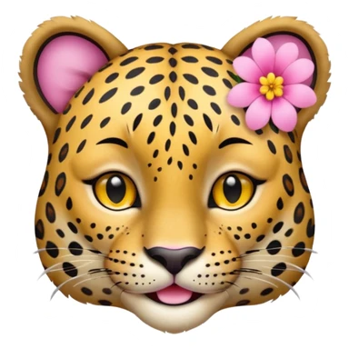 A leopard with peaceful smile, A pink flower with a yellow center is tucked behind its right ear
 sticker