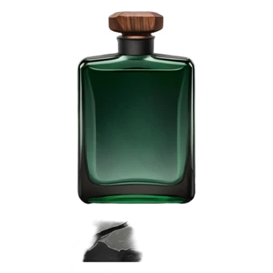 A masculine fragrance bottle featuring a gradient of deep forest green to charred black glass. The cap is made of dark walnut wood. The bottle is placed on a jagged piece of slate rock with a faint mist in the background. Earthy, moody, textured, photorealistic. sticker