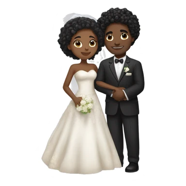 African Bride and Groom. Medium Brown skin. Black long curly hair. Short black haircut. Hugging each other. Eyes closed. sticker