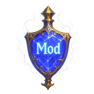 very luxurious crystal shield-shaped elixir bottle, color #7986cb, with inscription 'Mod', lots of glow, edges, ornaments, golden details, magical effects, very small golden neck, transparent background, beautiful seamless base, bottle clearly floating in air, no base or shadow, premium class, modern, matching collection sticker