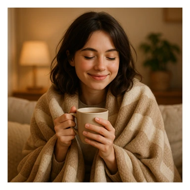 adorable brunette girl snuggled in a blanket, sipping coffee, relaxed and happy expression sticker