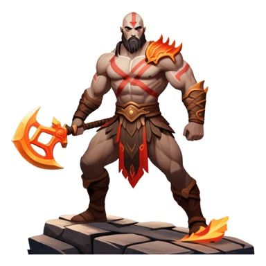 An icon showing a powerful warrior wielding a weapon, inspired by God of War: Ragnarok. The design captures the character’s strength, with dynamic motion lines. A fiery, mythological background with mountains and ruins enhances the epic atmosphere. Transparent background. sticker