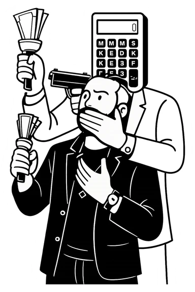 Используя такую стилистику и точно такого же героя, сгенерируй картинку. На ней позади героя стоит фигура, у которой вместо головы калькулятор, она приставила к виску героя пистолет, а другой рукой закрывает рот героя, прозрачный фон sticker