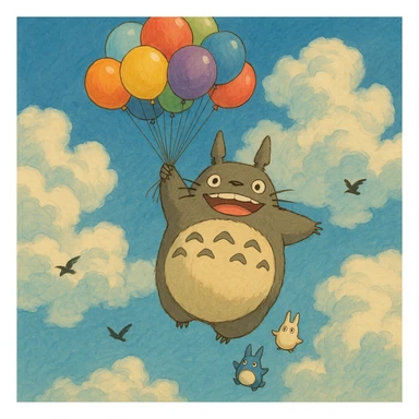 Totoro floating high in the sky, joyfully holding onto a bunch of colorful balloons, with small Totoros trailing behind him and fluffy clouds parting around them as birds fly nearby. sticker