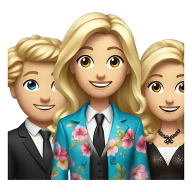 Make a picture of a blond girl in a flower silke dress that revives a oscar , she has a ski jacket top and medium length blind hair, blue eyes, behind her stands two brown hair waiters in white shirts, black wests, black ties and they are happy sticker