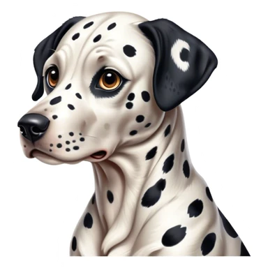 Cinematic Realistic full-body portrait of a Dalmatian dog, rendered with glossy, meticulously detailed spotted fur and expressive, alert eyes, set against a clean, neutral backdrop that highlights its regal and athletic stance. sticker