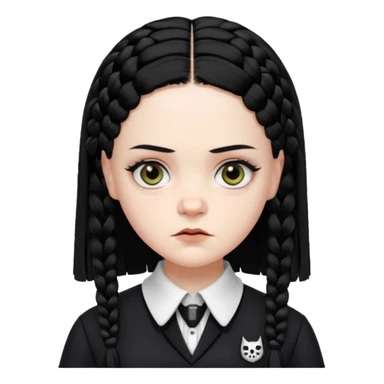 Draw Wednesday Addams (Jenna Ortega) with pale skin, black braids, dark uniform, white collar & intense stare. sticker