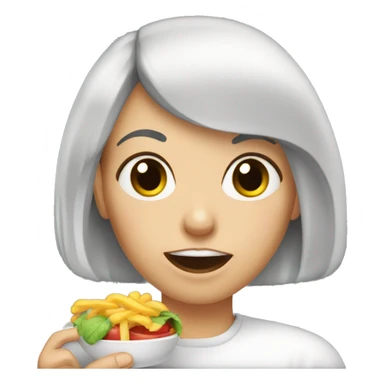 a black-haired white woman with bangs chewing food sticker