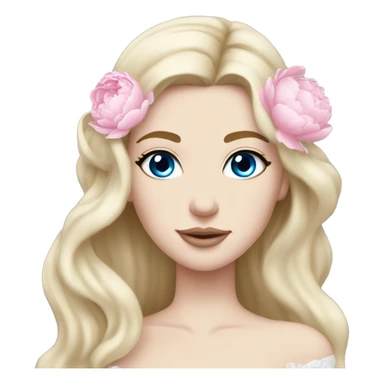 White bride with long light blonde hair and blue eyes with light pink peonies in hair white skin light pink lips sticker