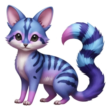 Hyper-realistic Blue-indigo-purple-pink-violet-gradients divine beautiful elegant pretty precious cute young youthful  Fakémon-Pokémon-alien-opossum-feline-serval-caracal-chinchilla-Minccino-hybrid-creature with a big fluffy bushy striped tail (full body) sticker