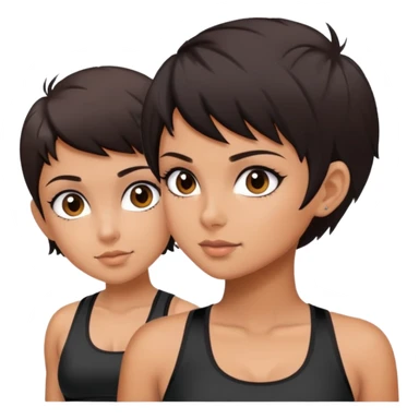 Beautiful girl tan skin dark brown eyes dark hair pixie hair cut wear black sports bra  sticker