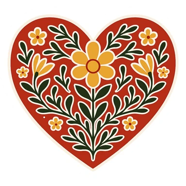 Add a white outline around the motif so it stands out against the red heart. Keep the motif geometric and bold, maintain the red color and the border around the heart. The style should be Slavic folk art. Transparent background. sticker