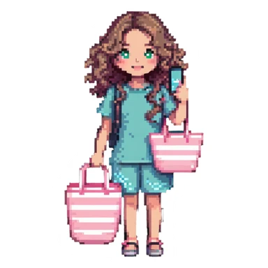 white girl with wavy hair holding her phone and a pink beach bag sticker