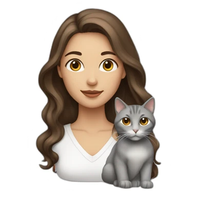 A woman with long wavy brown hair and a grey cat sticker