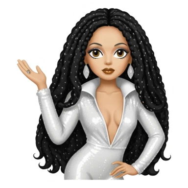 Diana Ross with long jet black hair, white sequin outfit sticker