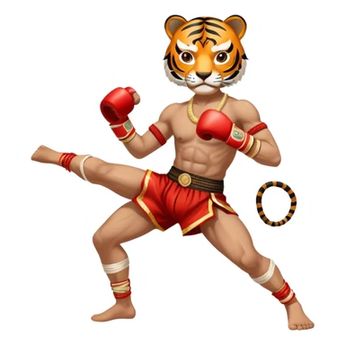 A fierce Muay Thai fighter wearing traditional mongkhon headband and elbow/knee wraps, in fighting stance with a tiger-like intensity, compact and stylized, with gold and red accents sticker