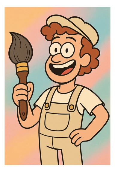 a professional painter, cartoon style, smiling, holding a large paintbrush, colorful background sticker