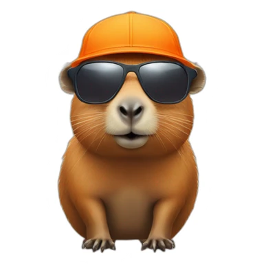 Capybara with sunglasses and an orange on the head sticker