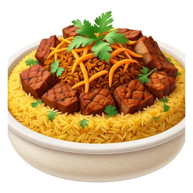 Cinematic Realistic Biryani Dish Emoji, depicted as aromatic basmati rice layered with spiced meat and herbs rendered with vibrant textures and warm, inviting lighting. sticker