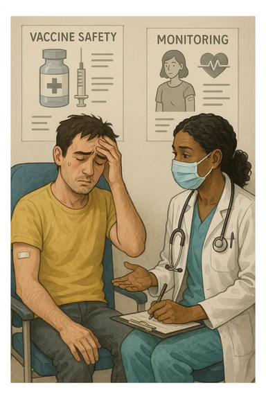 Vertical, educational medical illustration: a healthcare professional observes a patient who appears unwell after receiving a vaccine. The patient sits in a clinic chair, showing mild symptoms such as fatigue or headache, while the professional takes notes and offers reassurance. The background includes educational posters about vaccine safety and monitoring. realistica sticker