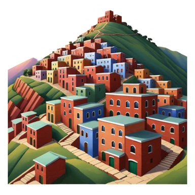 Urban Peruvian hillside neighborhood, brick houses stacked on steep hills, unfinished red brick buildings, colorful painted facades, narrow stairways, electric cables crossing the sky, sunset lighting, realistic style, cinematic, high detail sticker