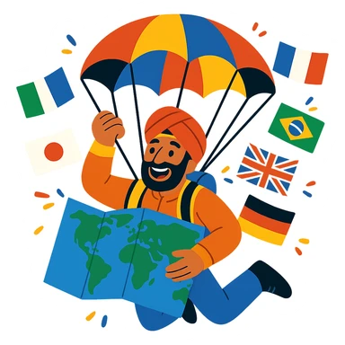 A delighted tourist from cultural descent, parachuting with a world map, current artistic style, bright and vibrant colors, various flags, detailed and animated. sticker