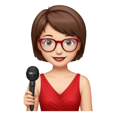 singer, Old, brown short hair, holding mic, red dress, glasses sticker