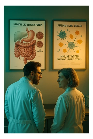 Realistic, detailed photo taken from behind of two doctors—a bearded man and a middle-aged woman—standing side by side in a modern medical office, intently studying a large, illuminated medical chart on the wall. The chart displays a detailed diagram of the human digestive system, highlighting the intestines and showing microscopic images of intestinal parasites. Next to it, another chart illustrates the immune system attacking healthy tissues, visually connecting gut parasites to autoimmune disease mechanisms. The room is bathed in a single green-blue color, with a warm, yellow-orange light casting soft shadows around the doctors. Both wear white coats and have serious, focused expressions, suggesting a deep discussion about the root causes of autoimmune conditions. Shot with a Canon EOS R5, with high detail, natural depth of field, and a clinical yet dramatic atmosphere. sticker