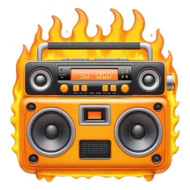 A cute 3D emoji of a retro boombox speaker with a funny shocked face, melting into orange and yellow flames, vibrant "fire" colors, high-end 3D render, white background. (This is a recreation of the fire emoji) sticker